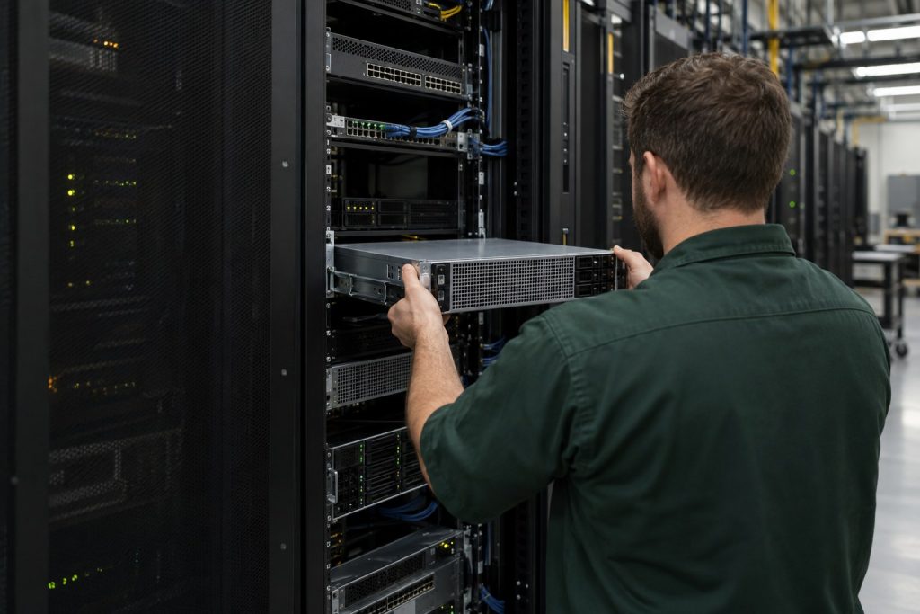 Technician installing rackmount equipment in a network rack