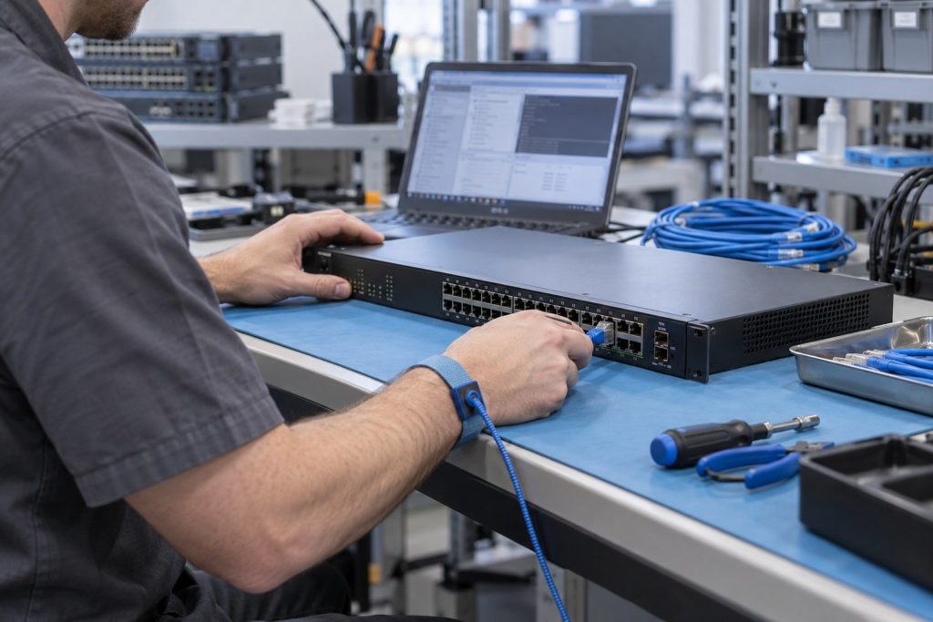Illustrative technician checking a network switch on a test bench